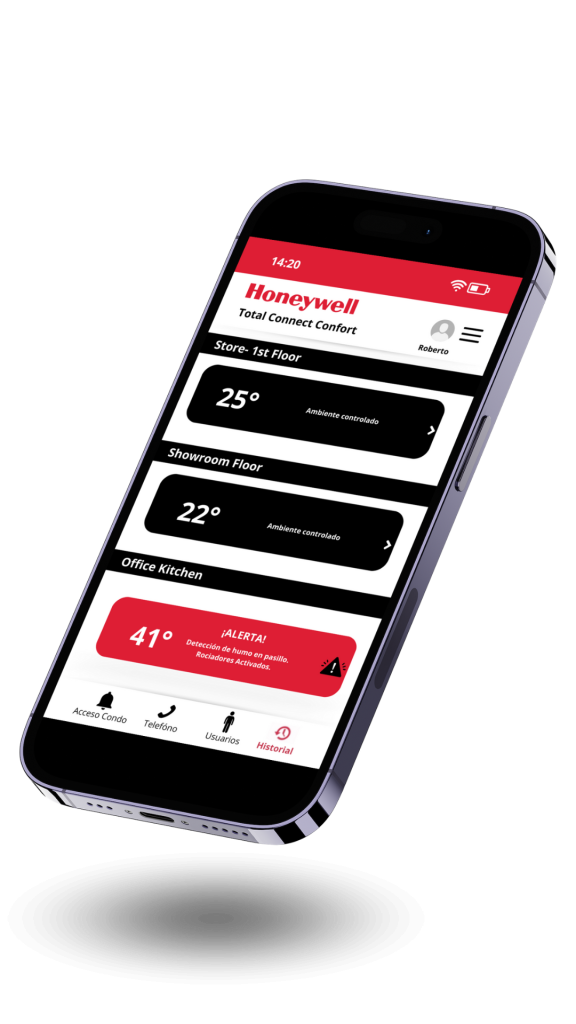 Aplicación móvil de Honeywell para monitoreo de temperatura en tiempo real, mostrando datos y gráficos detallados.